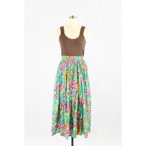 Vintage 90's EATON PETITES Green Floral Print Cotton Voile Midi Skirt, Size L